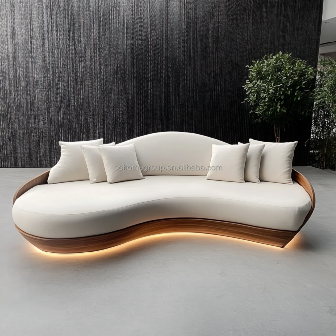 Meble z podwójnym siedziskiem w stylu z tuftowanym oparciem, biała sofa typu love seat z drewnianym okrągłym księżycowym poduszką z tkaniny, obowiązkowa pozycja w hotelu 5