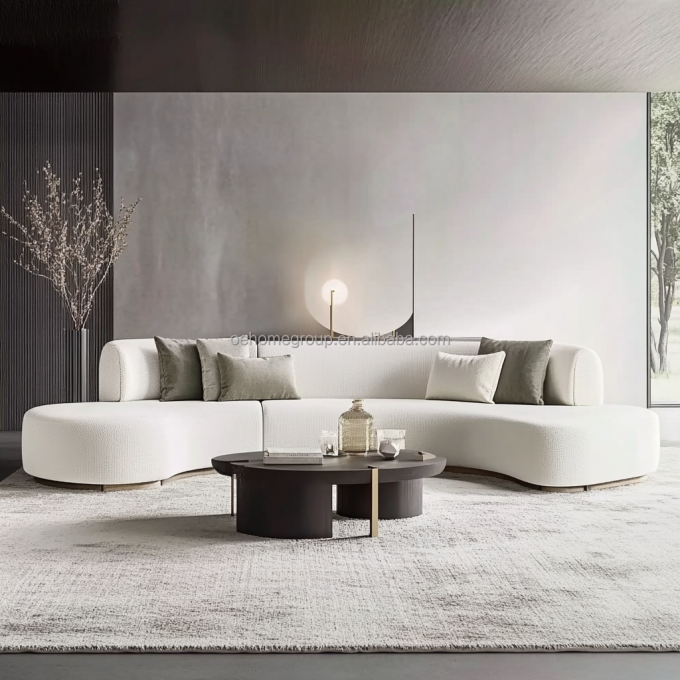 Meble z podwójnym siedziskiem w stylu z tuftowanym oparciem, biała sofa typu love seat z drewnianym okrągłym księżycowym poduszką z tkaniny, obowiązkowa pozycja w hotelu 1