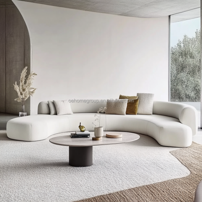 Meble z podwójnym siedziskiem w stylu z tuftowanym oparciem, biała sofa typu love seat z drewnianym okrągłym księżycowym poduszką z tkaniny, obowiązkowa pozycja w hotelu 2