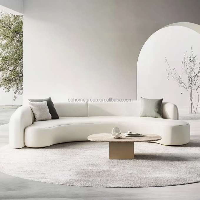 Meble z podwójnym siedziskiem w stylu z tuftowanym oparciem, biała sofa typu love seat z drewnianym okrągłym księżycowym poduszką z tkaniny, obowiązkowa pozycja w hotelu 4