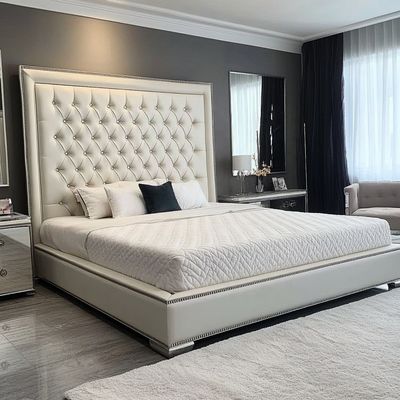Szary drewniany zestaw łóżka podwójnego / typu Queen / King Size z lustrzanymi guzikami inspirowany prezydentem i nowoczesnym designem